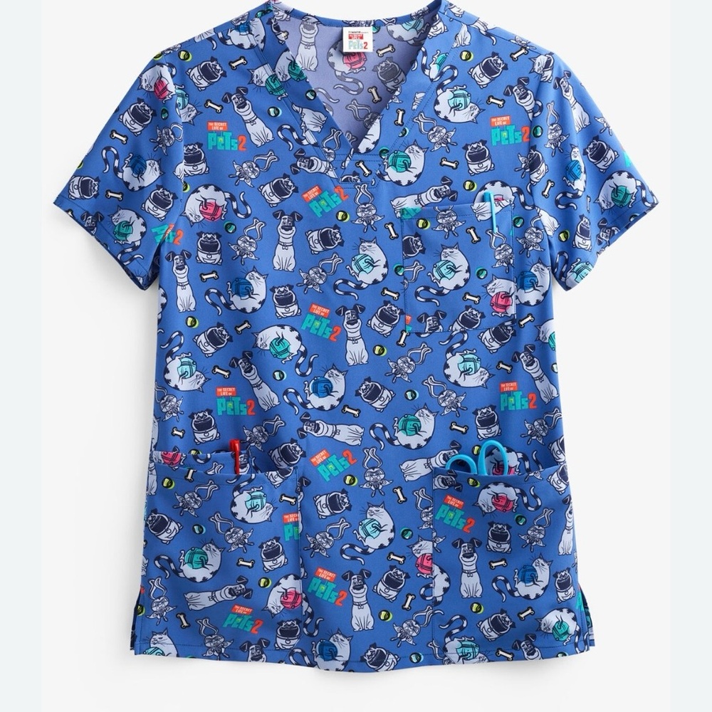 NWT Cherokee Unisex Tooniforms The Secret Life of Pets 2 Scrub Top Sz XS